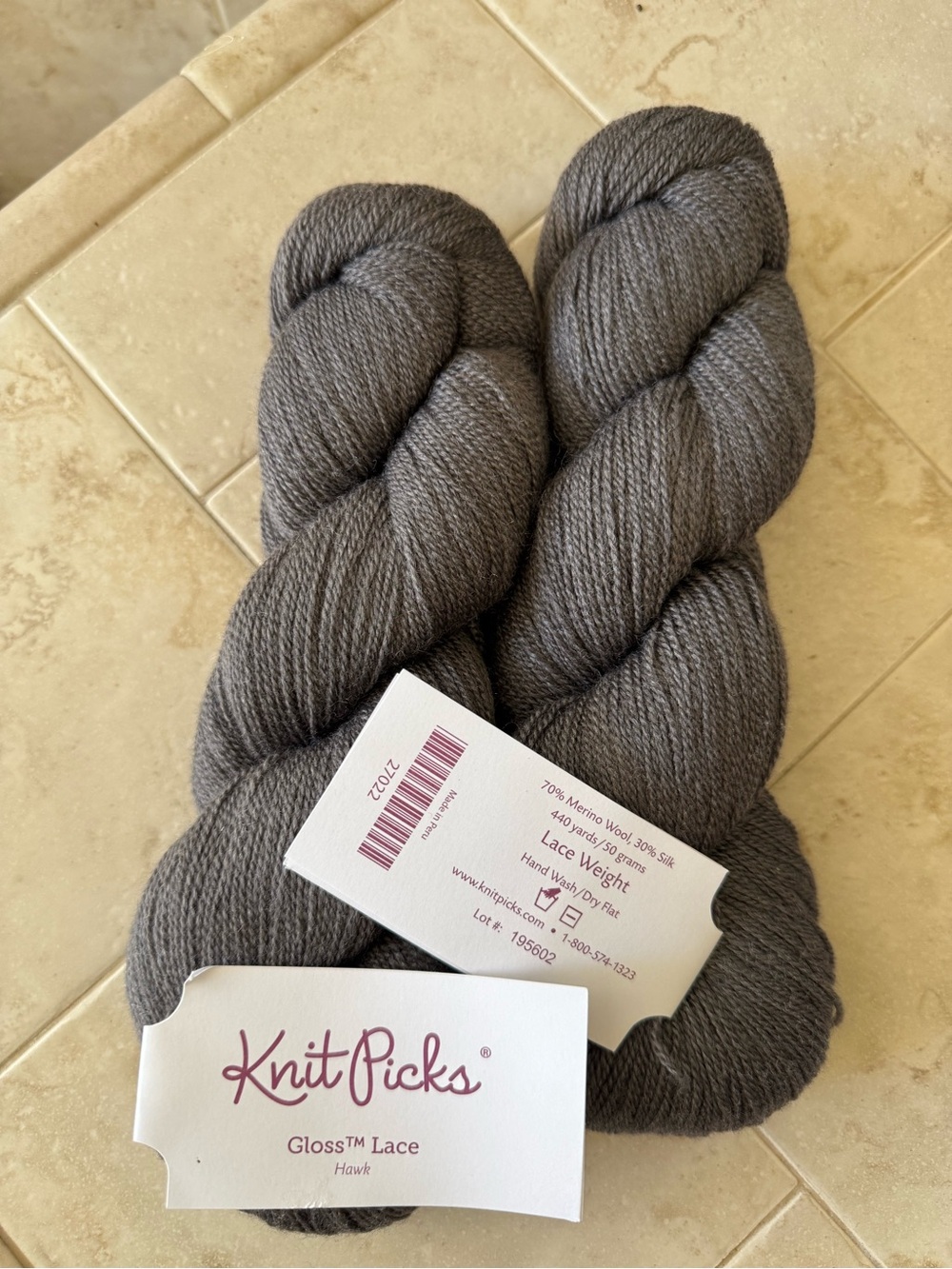 Knit Picks Gloss Lace Yarn – Gray (Hawk) 2 Hanks